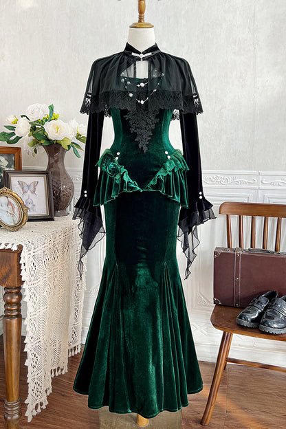 [pre-order] Dark Forest Lolita Fishtail Dress + Long Sleeve Short Cape
