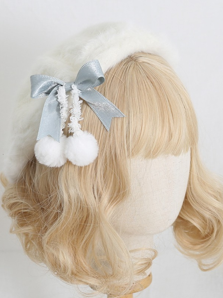 Cream Fur Ribbon Pom-pom Beret