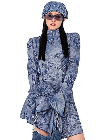 Denim Print Irregular Wide Shoulder High Neck Dress