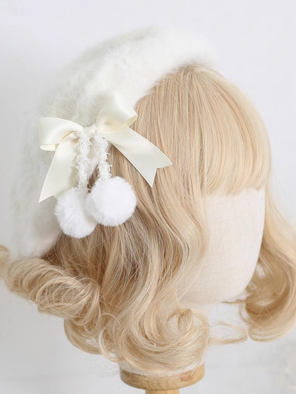 Cream Fur Ribbon Pom-pom Beret