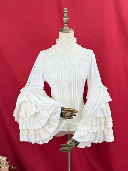 [pre-order] Ruffled Stand Collar Lace Princess Sleeve Classic Ribbon Blouse