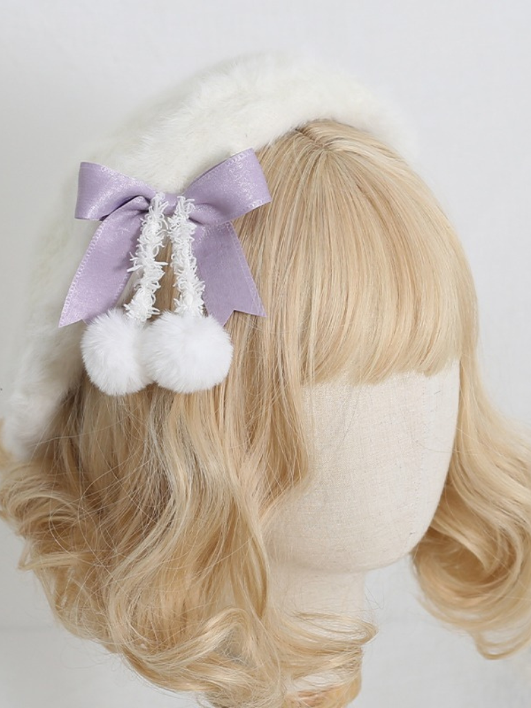 Cream Fur Ribbon Pom-pom Beret