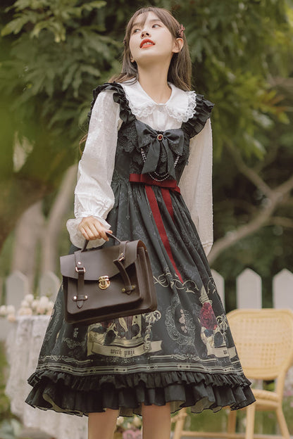 Black Ruffled Strap Court Print Front and Back Bow Classic Lolita Jsk Dress