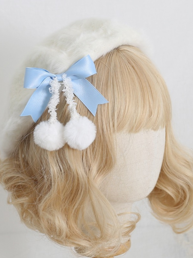Cream Fur Ribbon Pom-pom Beret