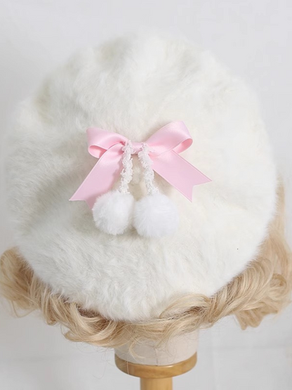 Cream Fur Ribbon Pom-pom Beret