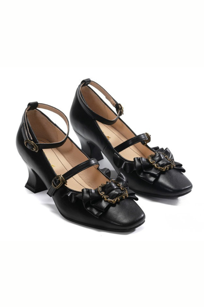 Leather Ribbon Ruffle Lolita Heels