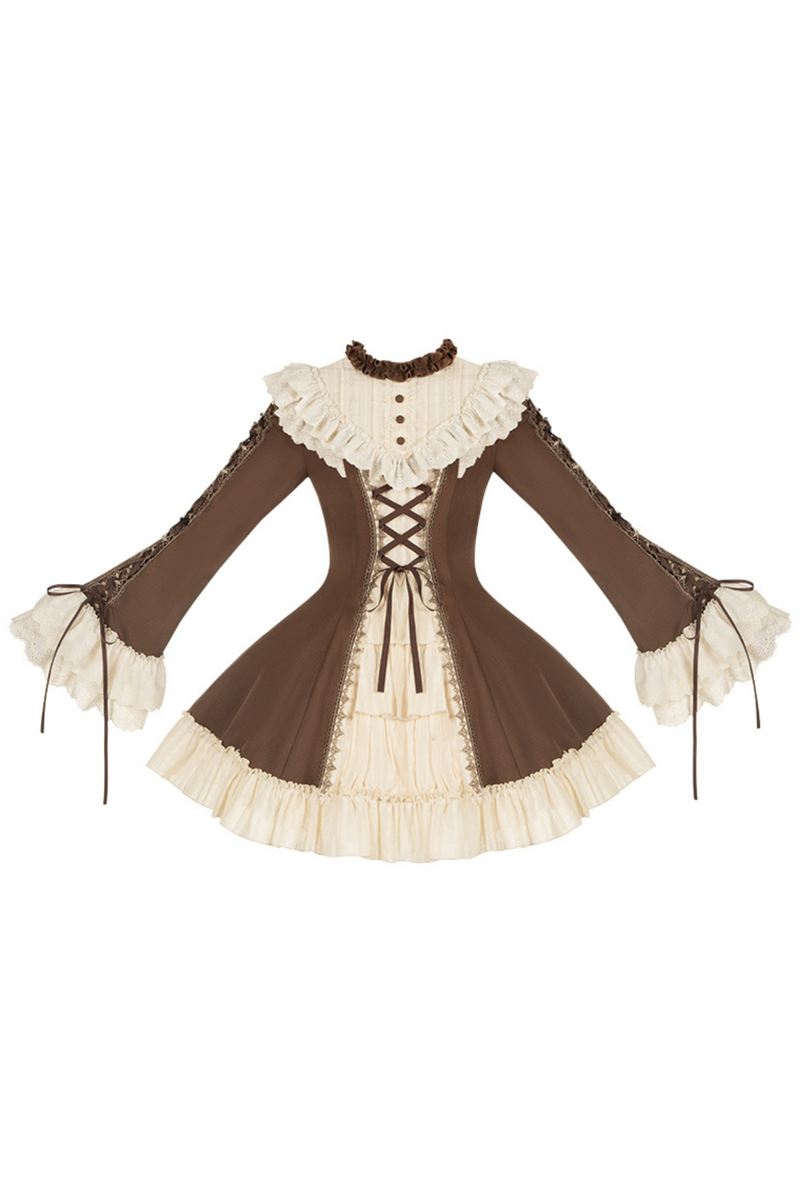 Lace Stand Collar Flared Sleeve Twin Doll Lolita Dress + Collar + Hat