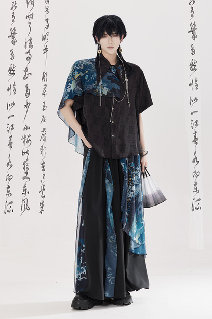 Dark Chinese-style Shirt + Wide Leg Pants + Chain + Belt