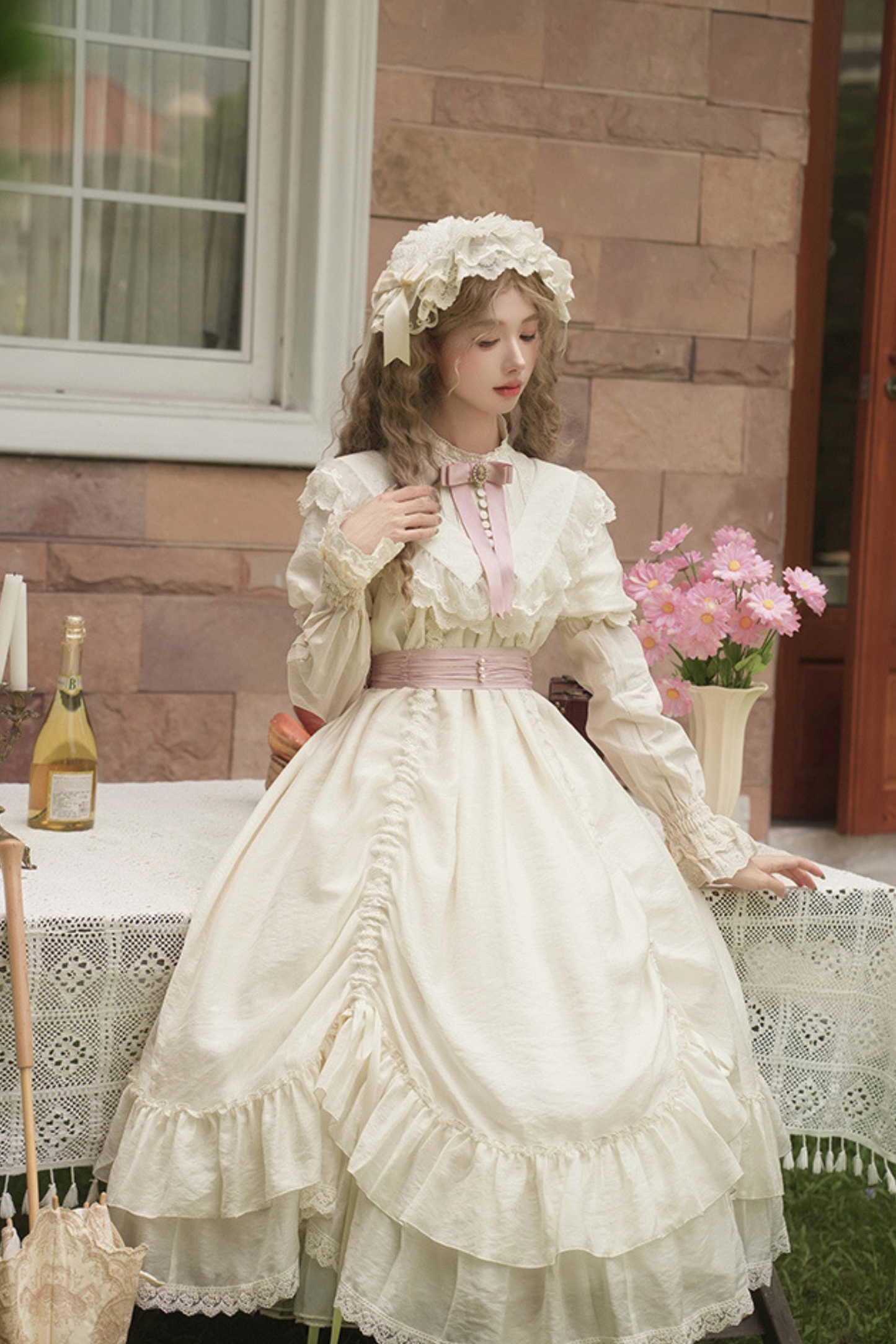 [pre-order] Rose Ruffle Lolita Dress + Dress + Belt + Brooch + Ribbon + Headband + Sleeve