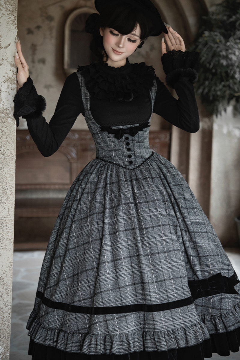 Plaid Fishbone Chest Jsk + Dress + Innerwear + Ribbon + Hat