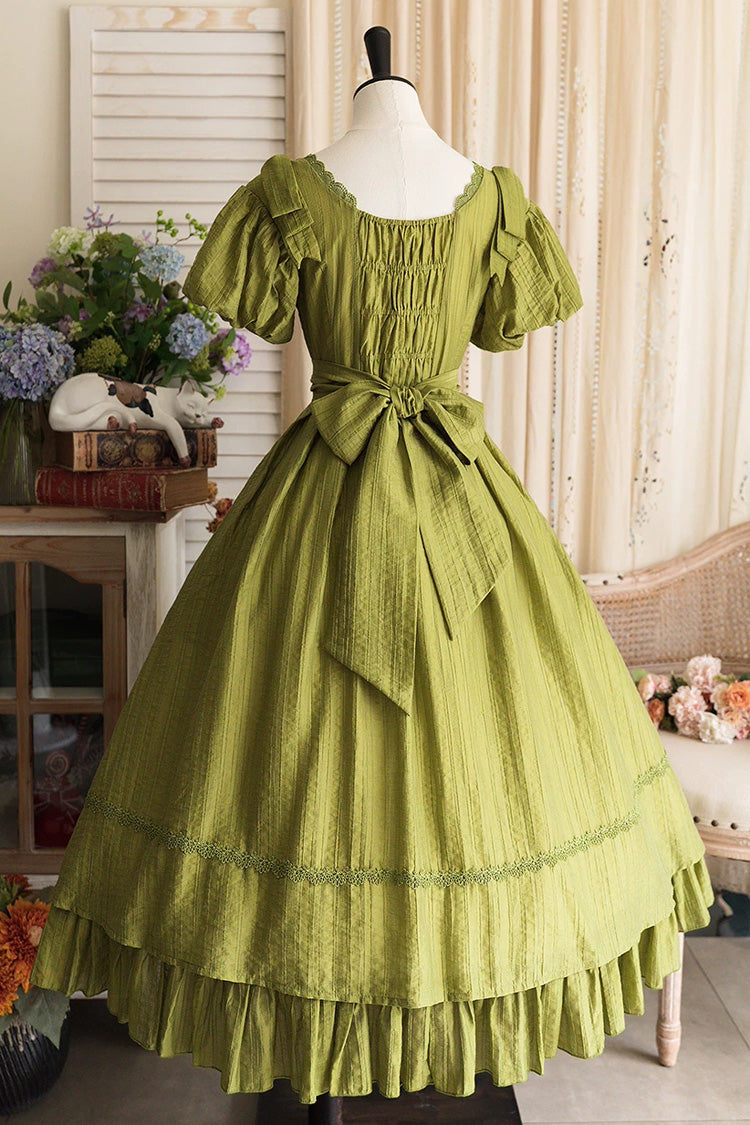 Green [forest Gallery] Square Collar Short Sleeves Ruffled Bow Classic Lolita Dress