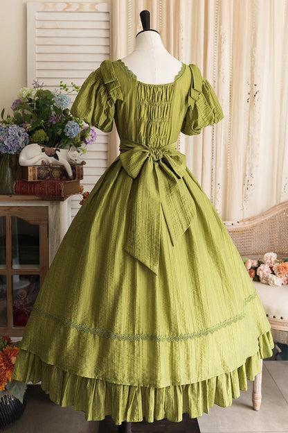 Green [forest Gallery] Square Collar Short Sleeves Ruffled Bow Classic Lolita Dress
