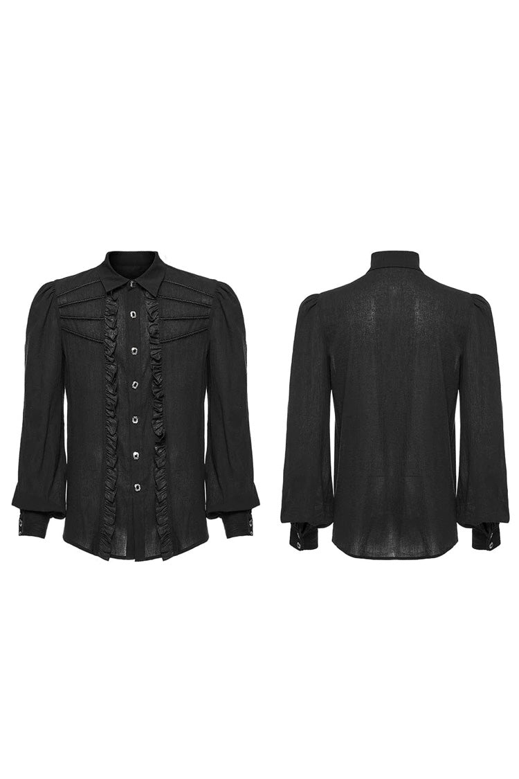 Black Hand-stitched Button Pleated Long Puff Sleeves Ruffle Gothic Blouse