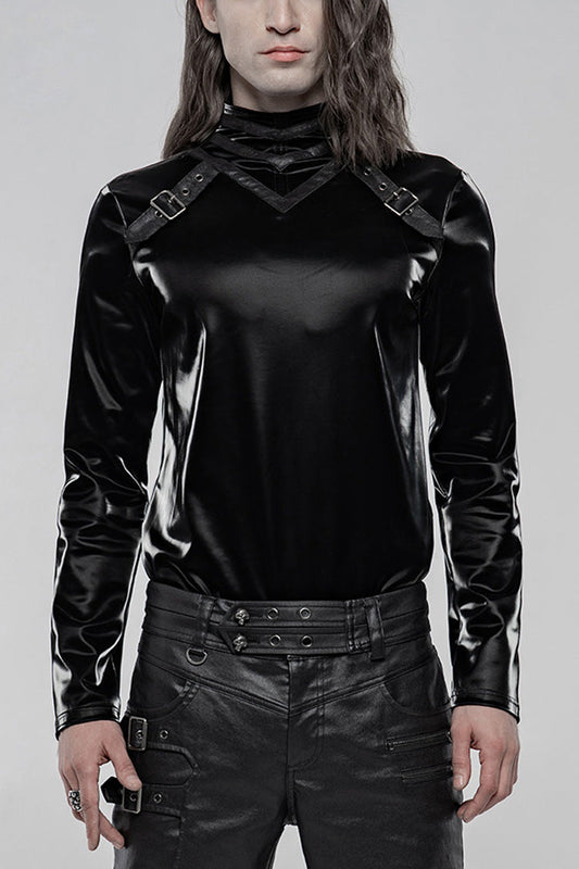 Black High Collar Long Sleeves Imitation Shark Skin Stitching Gothic T-shirt