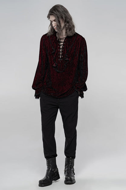 Black/red Long Sleeves Ruffle Lace-up Gothic Blouse