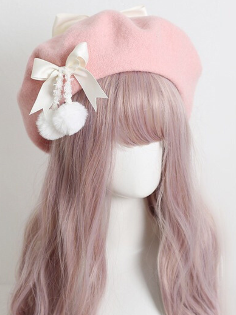 Girly Ribbon Pom-pom Beret