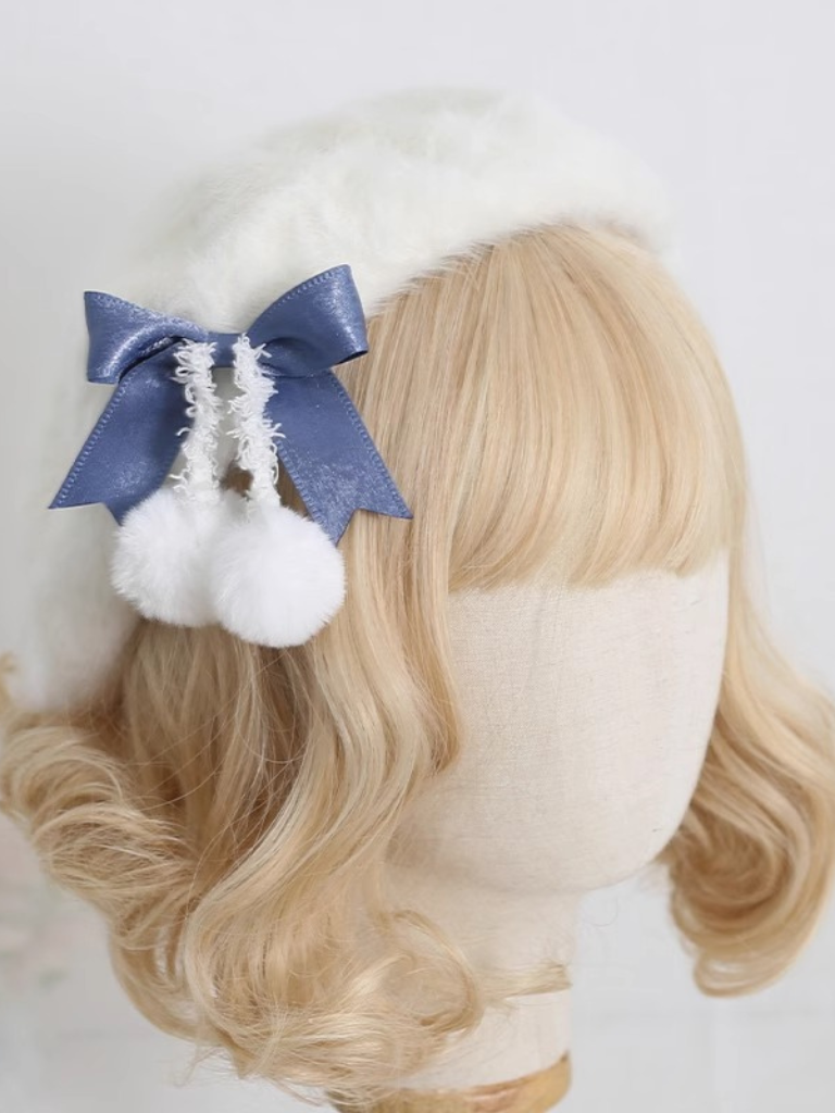 Cream Fur Ribbon Pom-pom Beret