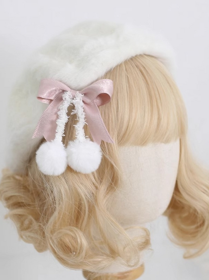 Cream Fur Ribbon Pom-pom Beret