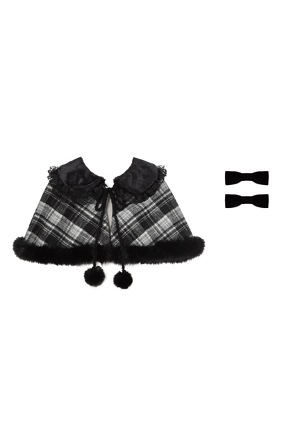 Checked Doll Jumper Skirt + Bow Brooch + Pin + Love Brooch + Shawl + Top + Leg Warmers