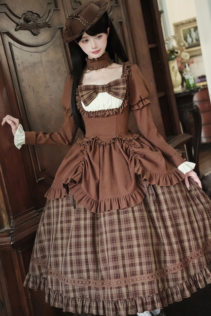 Sweet Checked Doll Dress + 2-way Ribbon + Bow + Hat