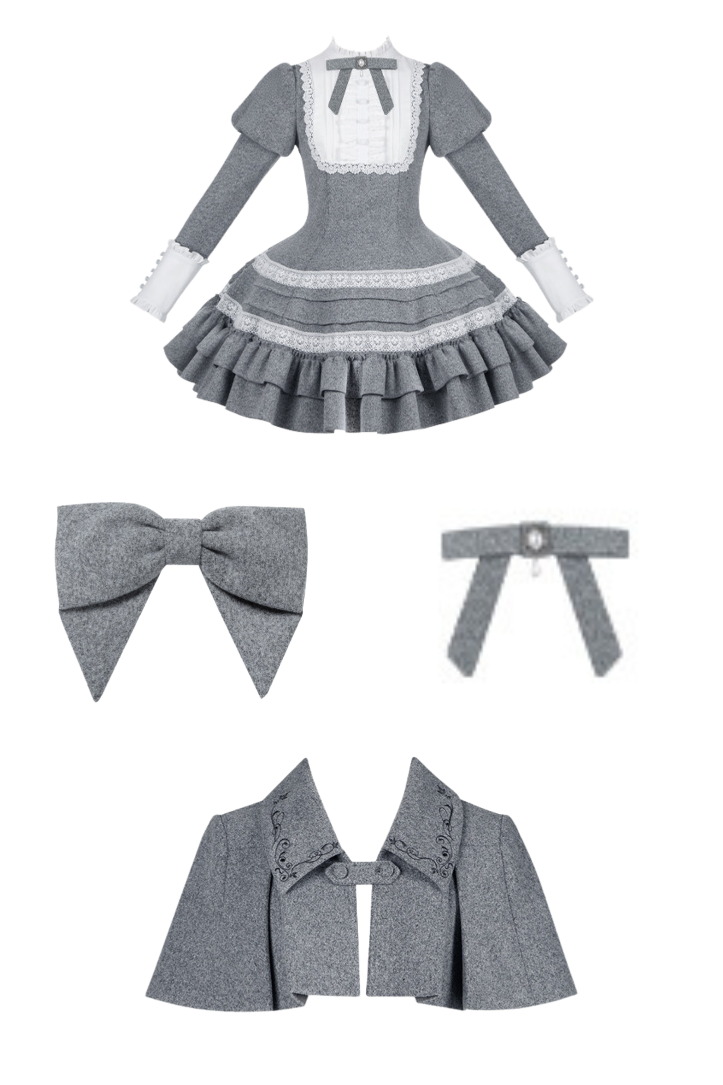 Ruffled Cape Coat + Dress + Hair Accessories + Brooch
