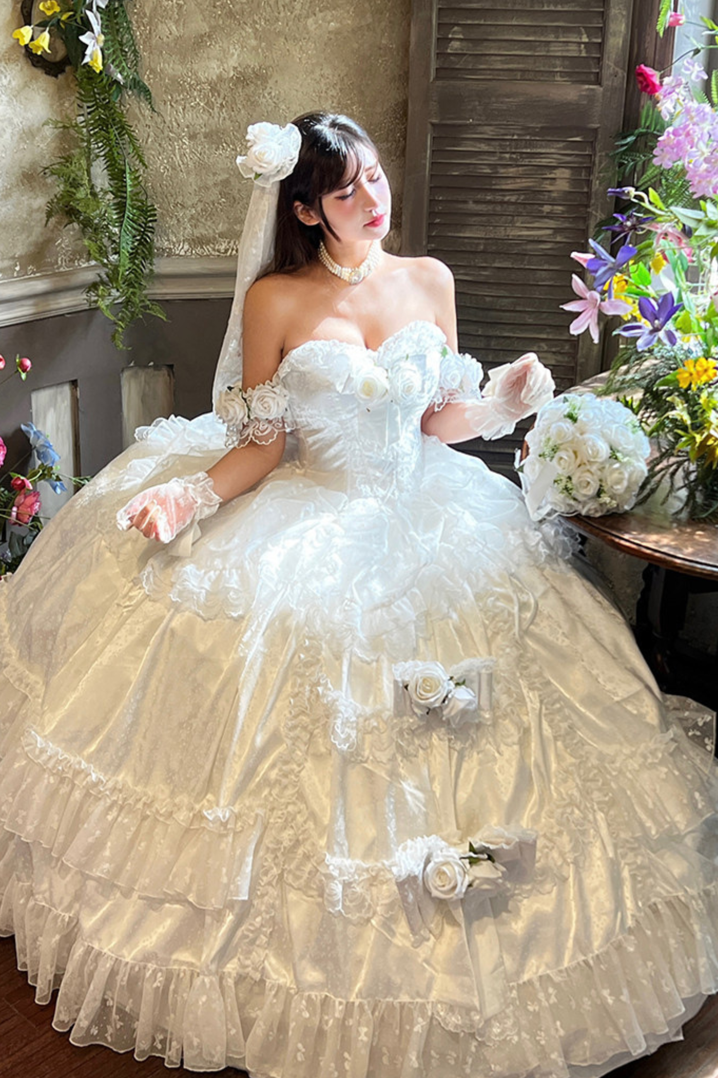 Love and Flower Sweet Dress + Ribbon Hair Accessory + Flower Hair Accessory