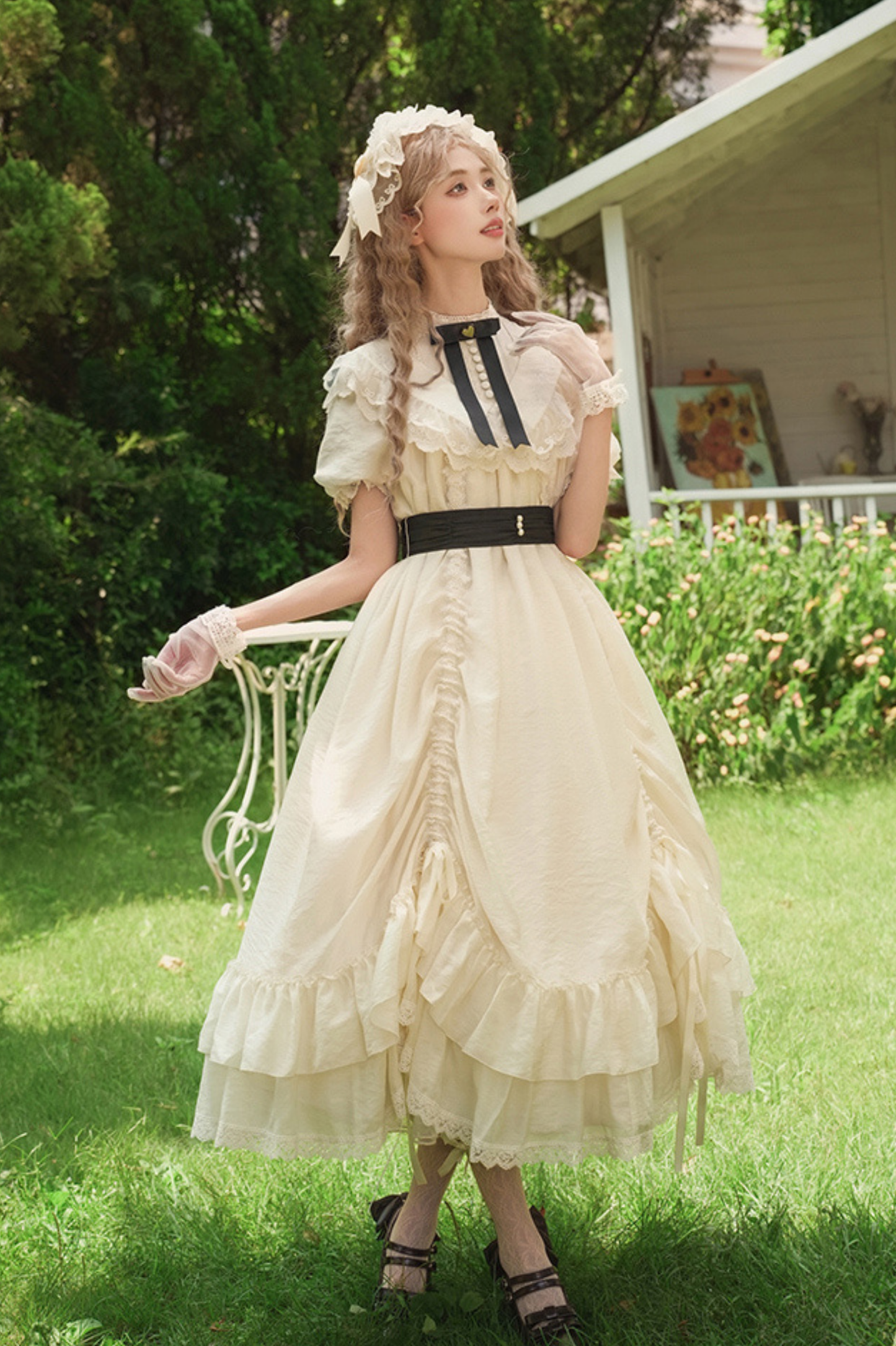 [pre-order] Rose Ruffle Lolita Dress + Dress + Belt + Brooch + Ribbon + Headband + Sleeve