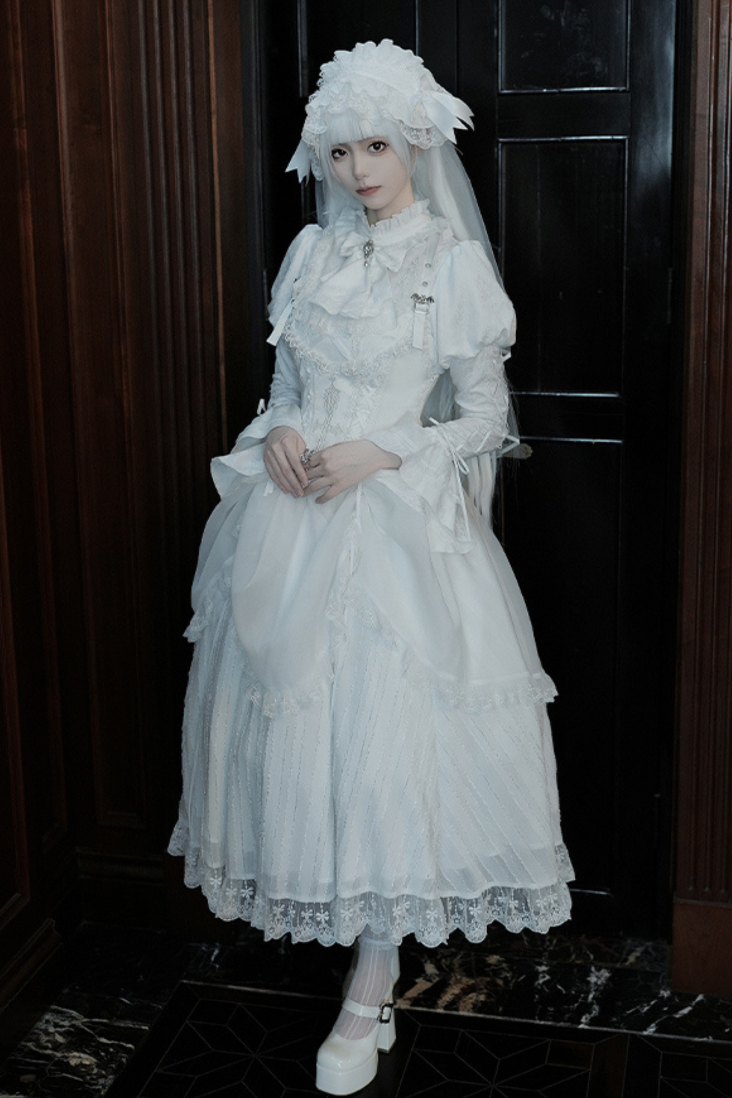 White Gothic Gemini Lolita Dress + Corset + Ribbon + Headband + Veil