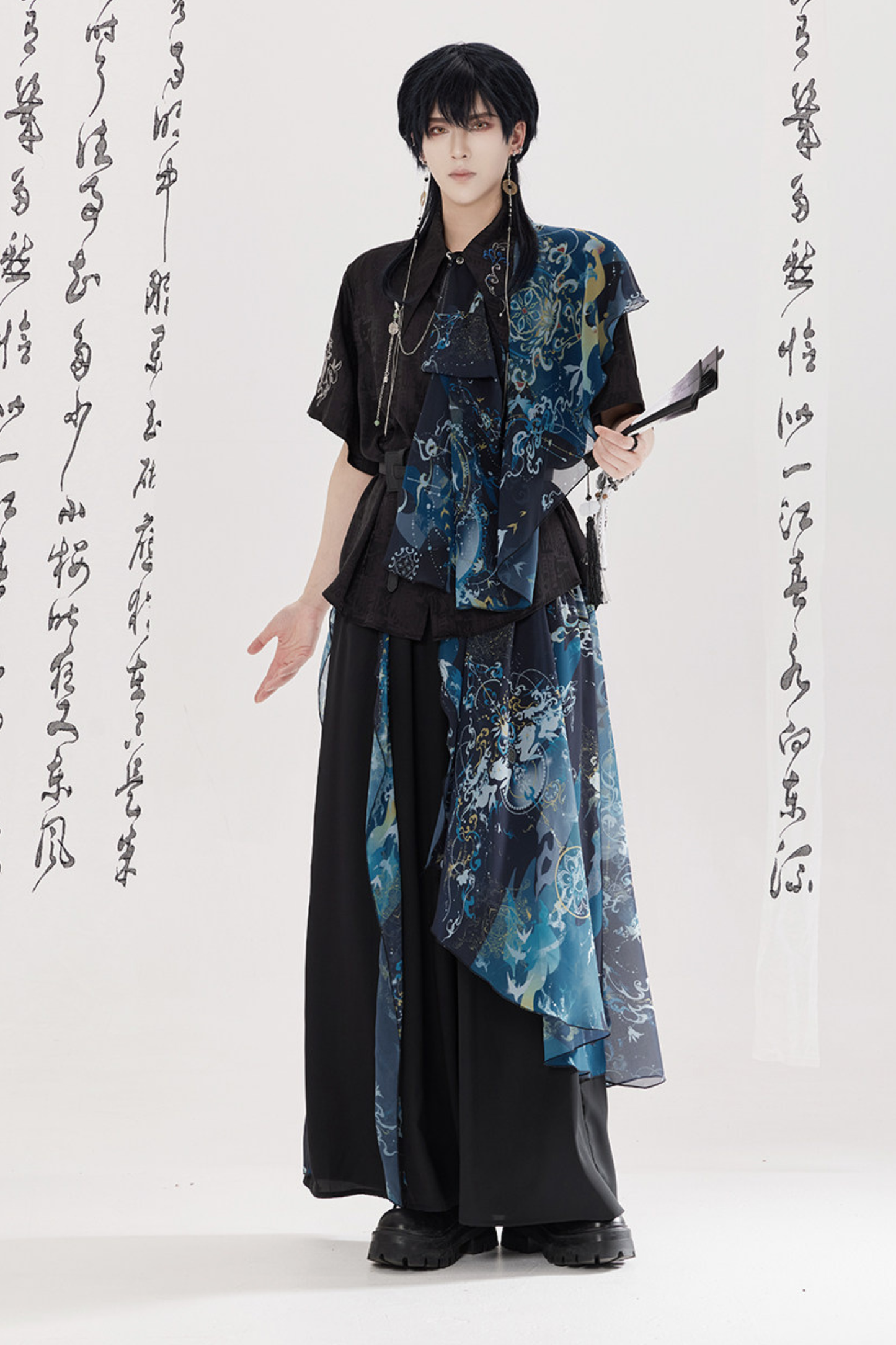 Dark Chinese-style Shirt + Wide Leg Pants + Chain + Belt
