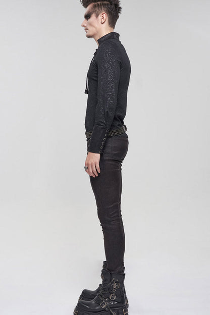 Black Gothic Pattern Decoration Tie Rope Design Knitted Elasticity Pullover Shirt