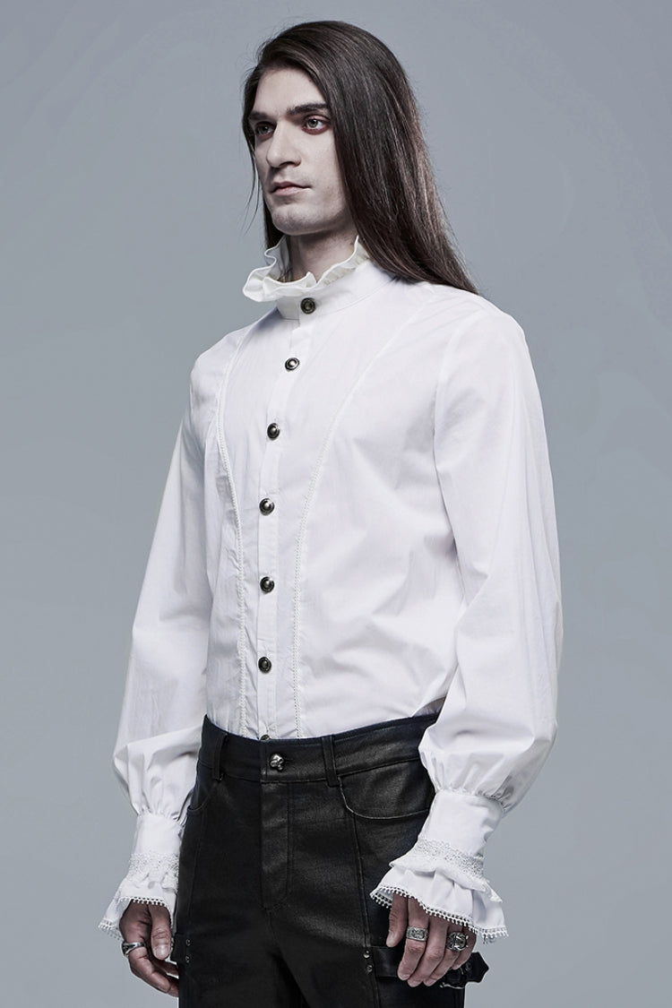 White Stand Collar Lantern Sleeves Slim Gothic Blouse