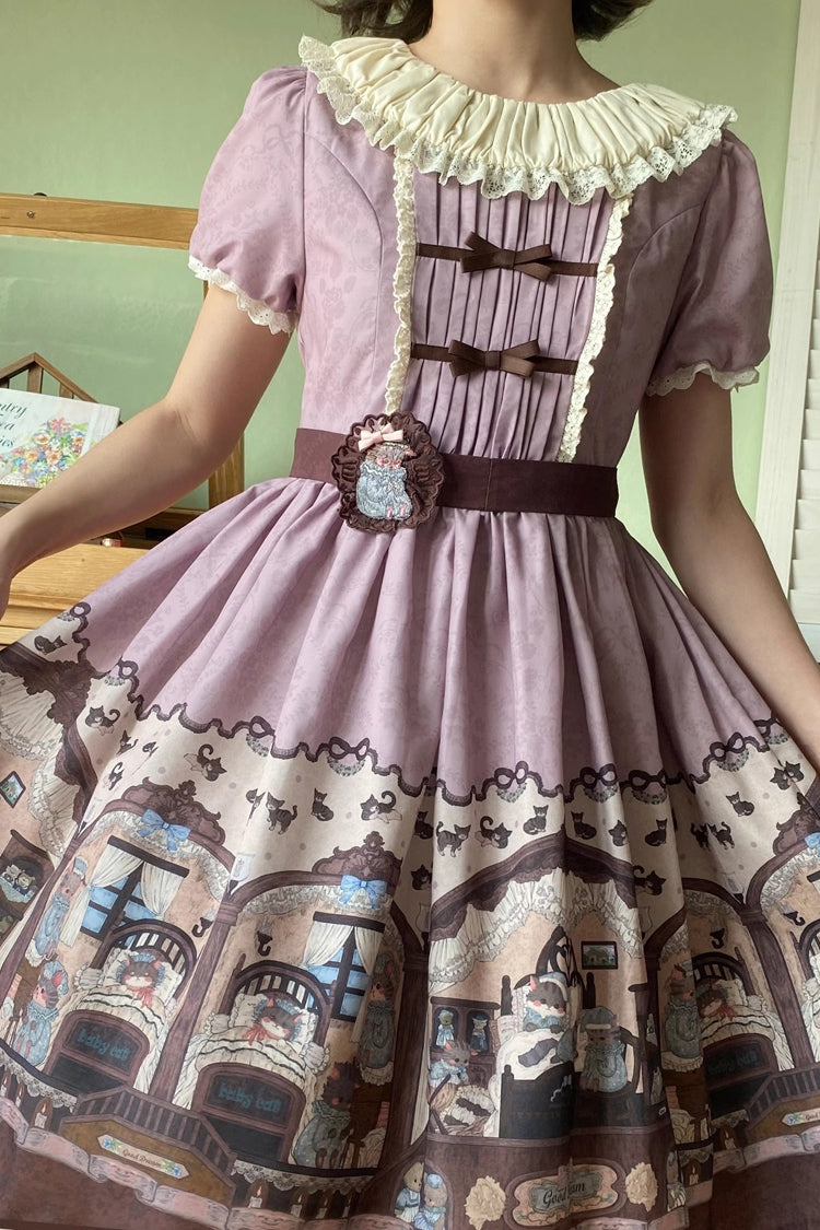 Pink/purple Short Sleeves Bear Print Bowknot Classic Lolita Dress