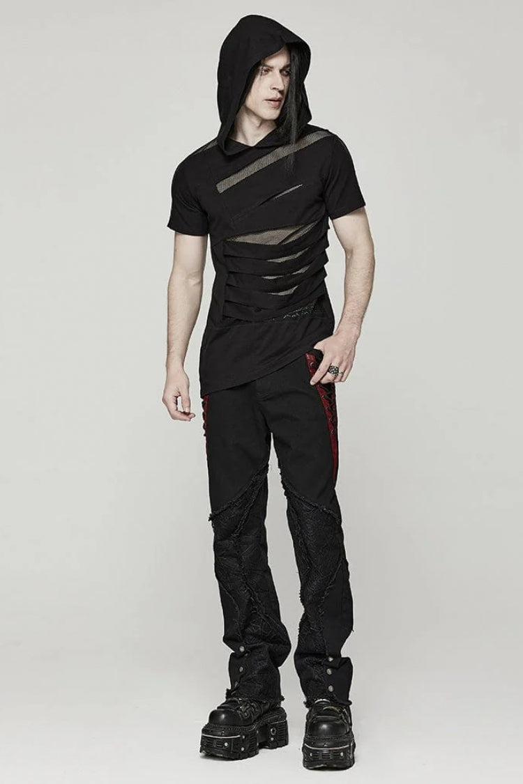 Black Short Sleeves Stitching Hooded Mesh Ripped Steampunk T-shirt