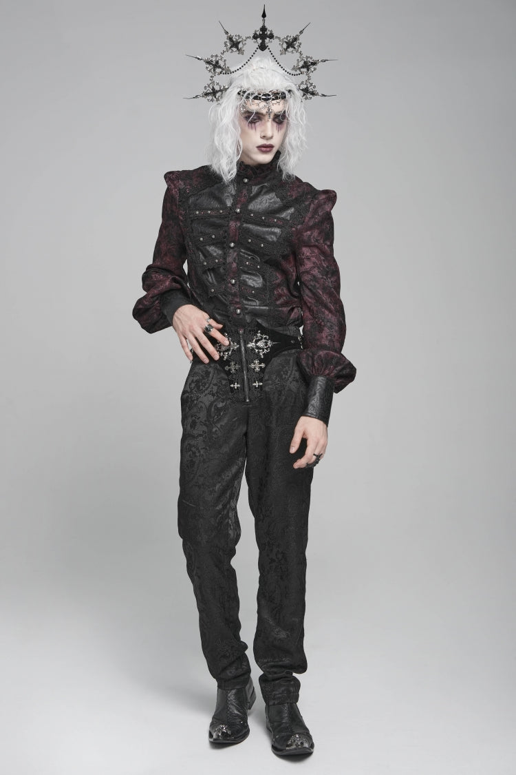 Black/red Stand Collar Long Lantern Sleeves Print Embroidery Gothic Blouse
