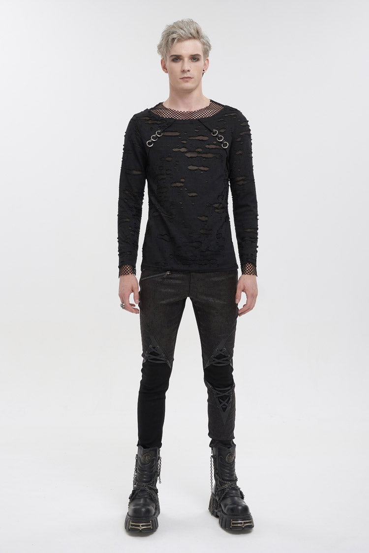 Black Diamond Mesh Irregular Hole Long-sleeved Punk T-shirt