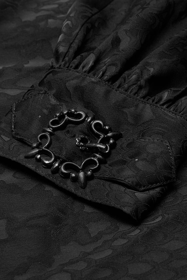 Jacquard Long Sleeve Front Metal Eyelets Lace Up Metal Carving Buckle Cuff Gothic Shirt 3 Colors