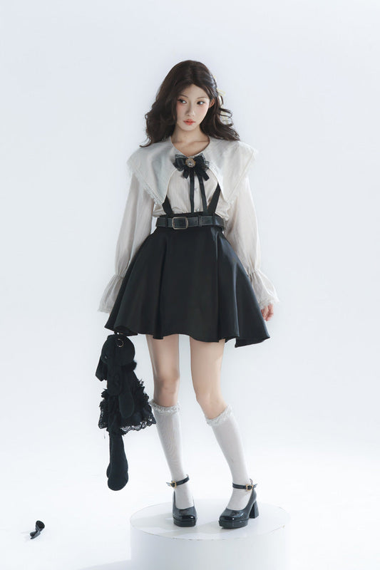 Black/white Lapel Collar Long Sleeves Ruffled Bow Classic Lolita Strap Dress Set