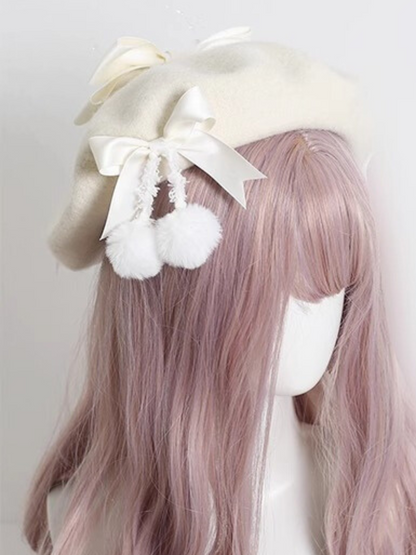 Girly Ribbon Pom-pom Beret
