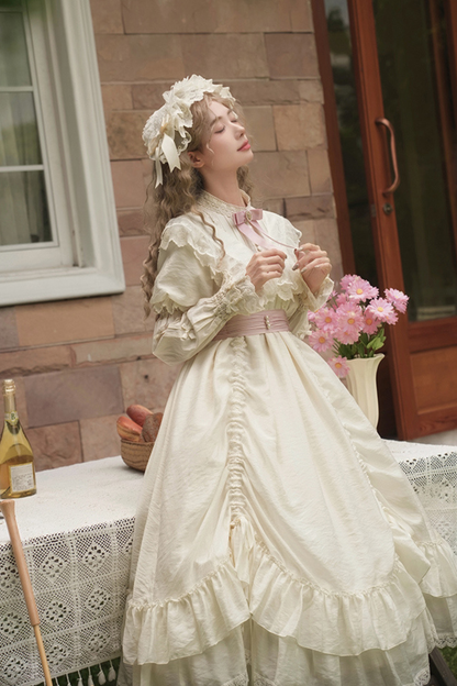 [pre-order] Rose Ruffle Lolita Dress + Dress + Belt + Brooch + Ribbon + Headband + Sleeve