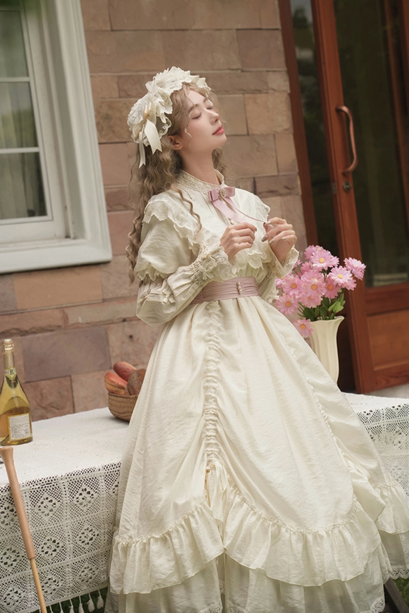 [pre-order] Rose Ruffle Lolita Dress + Dress + Belt + Brooch + Ribbon + Headband + Sleeve