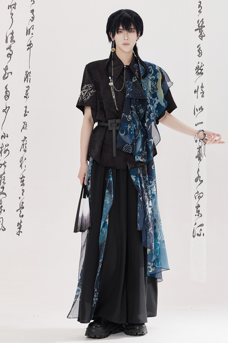 Dark Chinese-style Shirt + Wide Leg Pants + Chain + Belt