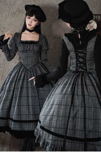 Plaid Fishbone Chest Jsk + Dress + Innerwear + Ribbon + Hat
