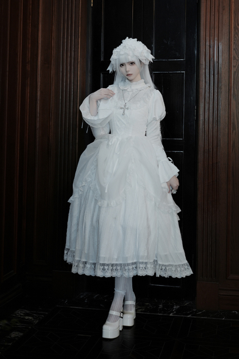 White Gothic Gemini Lolita Dress + Corset + Ribbon + Headband + Veil