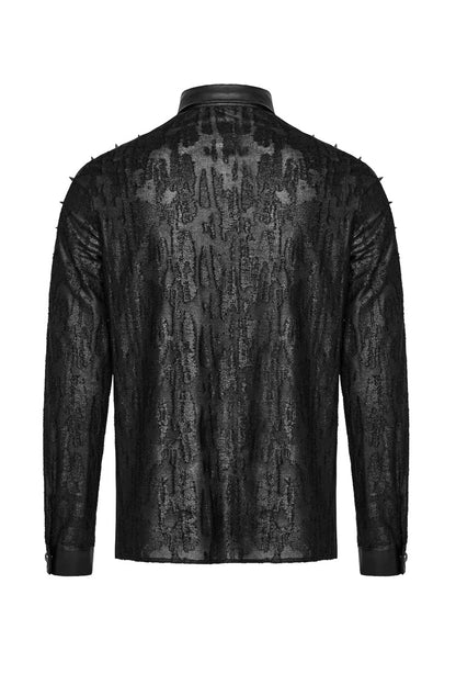 Black Lapel Collar Long Sleeves Faux Leather Stitching Punk Blouse