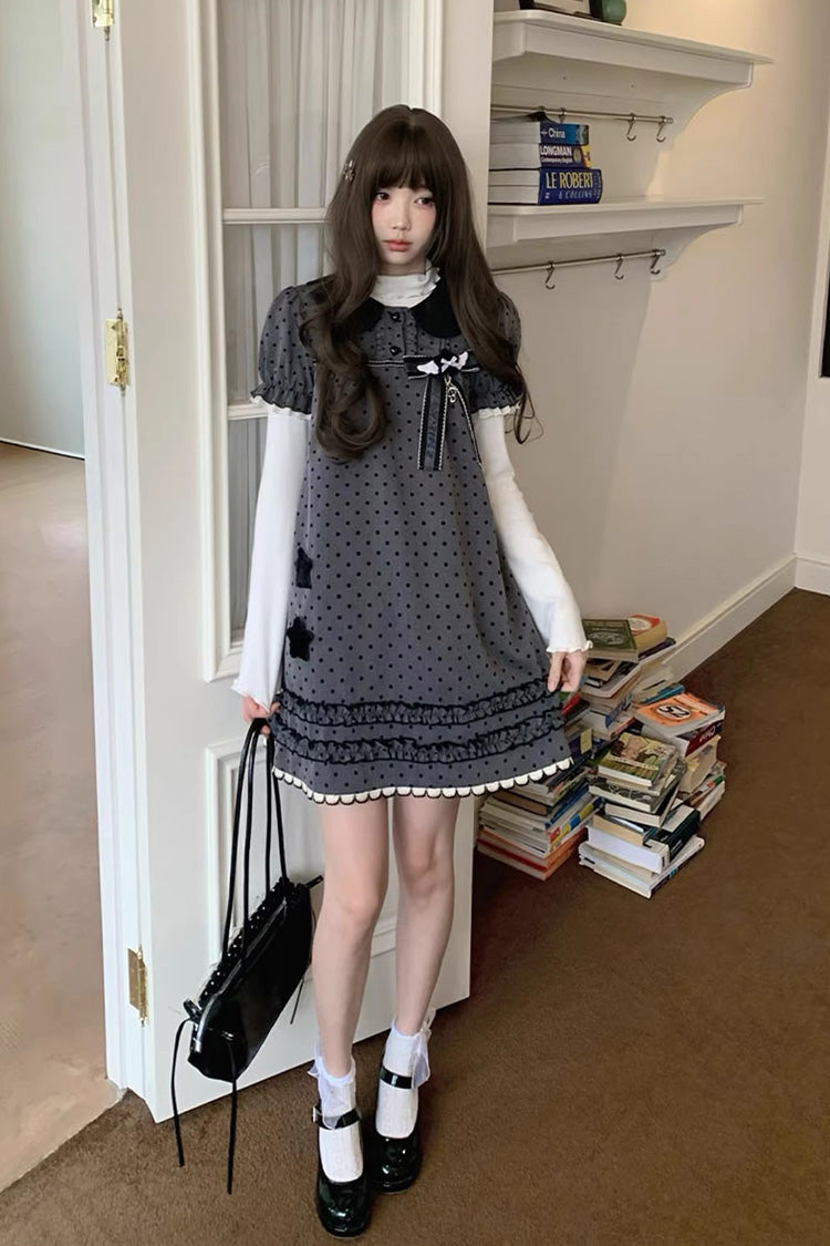 Grey [little Star Wish] Doll Collar Short Sleeves Polka Dot Printed Bow Classic Japanese Lolita Dress