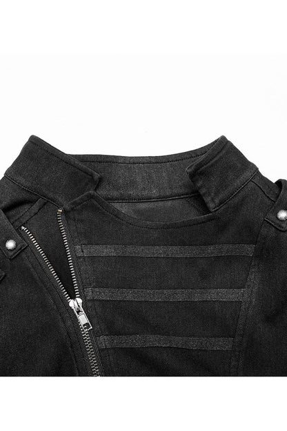 Black Punk Stand Collar Anterior Middle Asymmetry Design Zipper Shoulder Decorate Webbing Vest