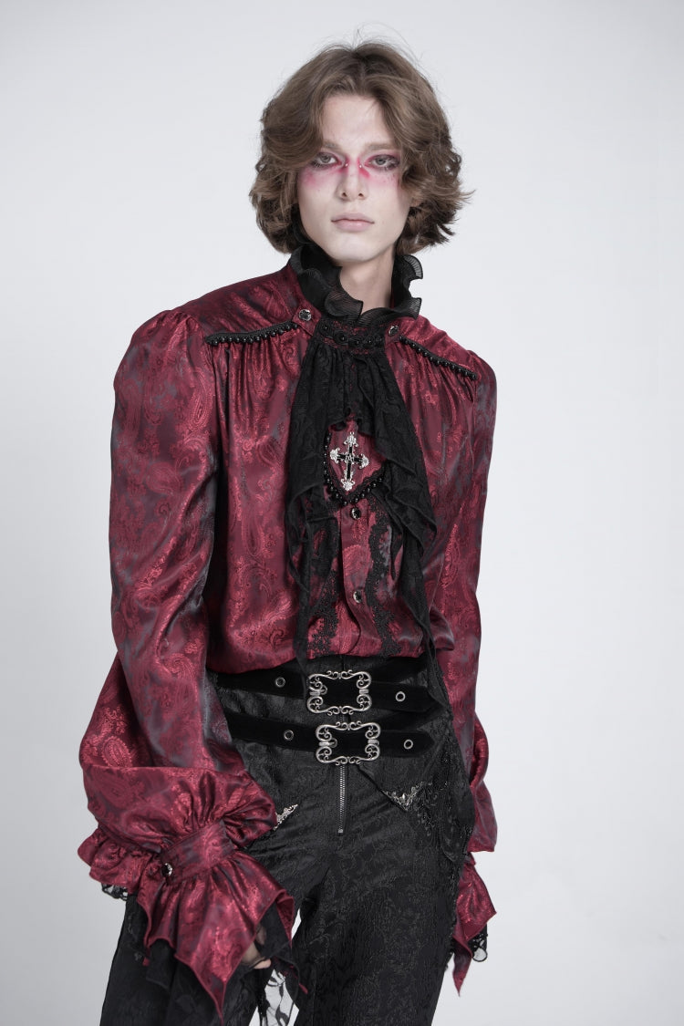 Red Long Puff Sleeves Gothic Blouse With Lace Necktie