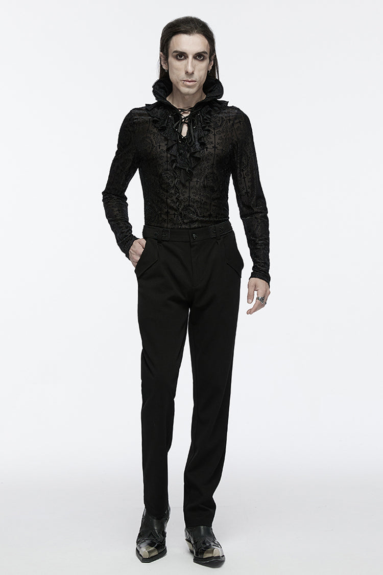 Black Stand Collar Long Sleeves Print Ruffle Gothic Blouse