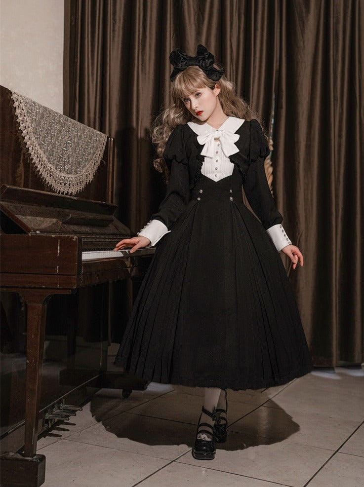 Lantern Sleeve Ruffle Short Jacket With Ribbon + Back Ribbon Suspender Dress