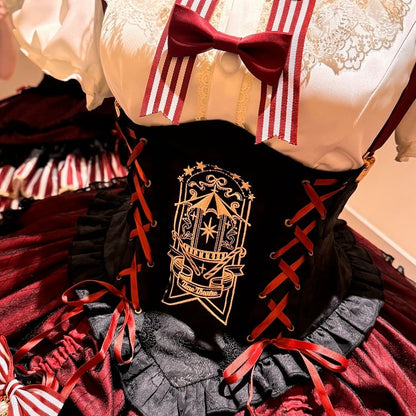 [pre-order Deadline: May 20] Magical Girl Lolita Lace Puff Sleeve Shirt + Black X Red Ribbon Corset Tiered Dress + Mini Hat